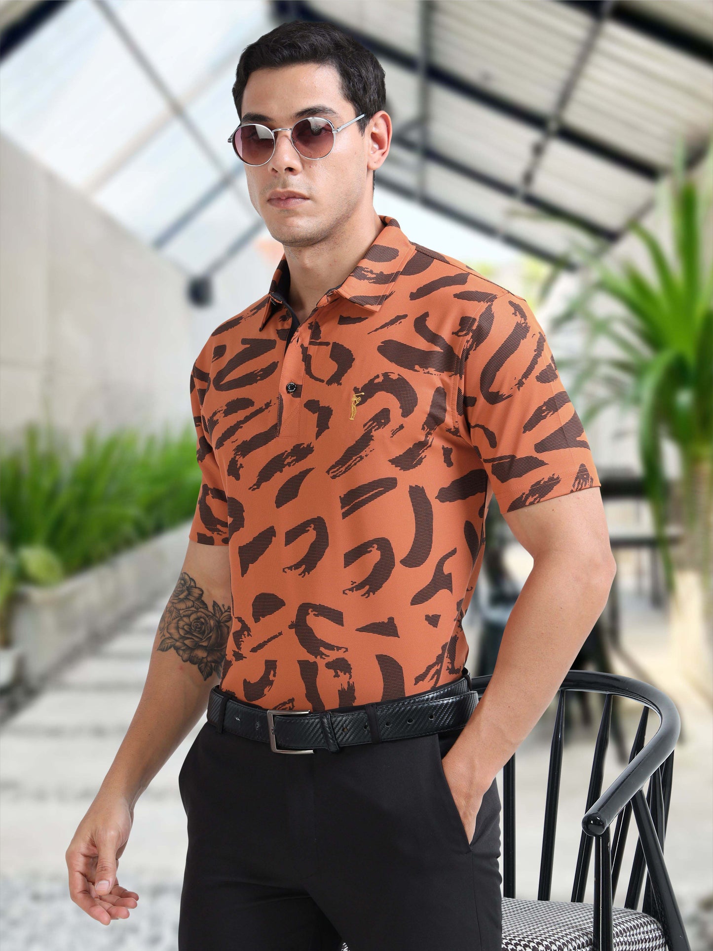 Orange Camousquare Printed Polo T Shirt for Men