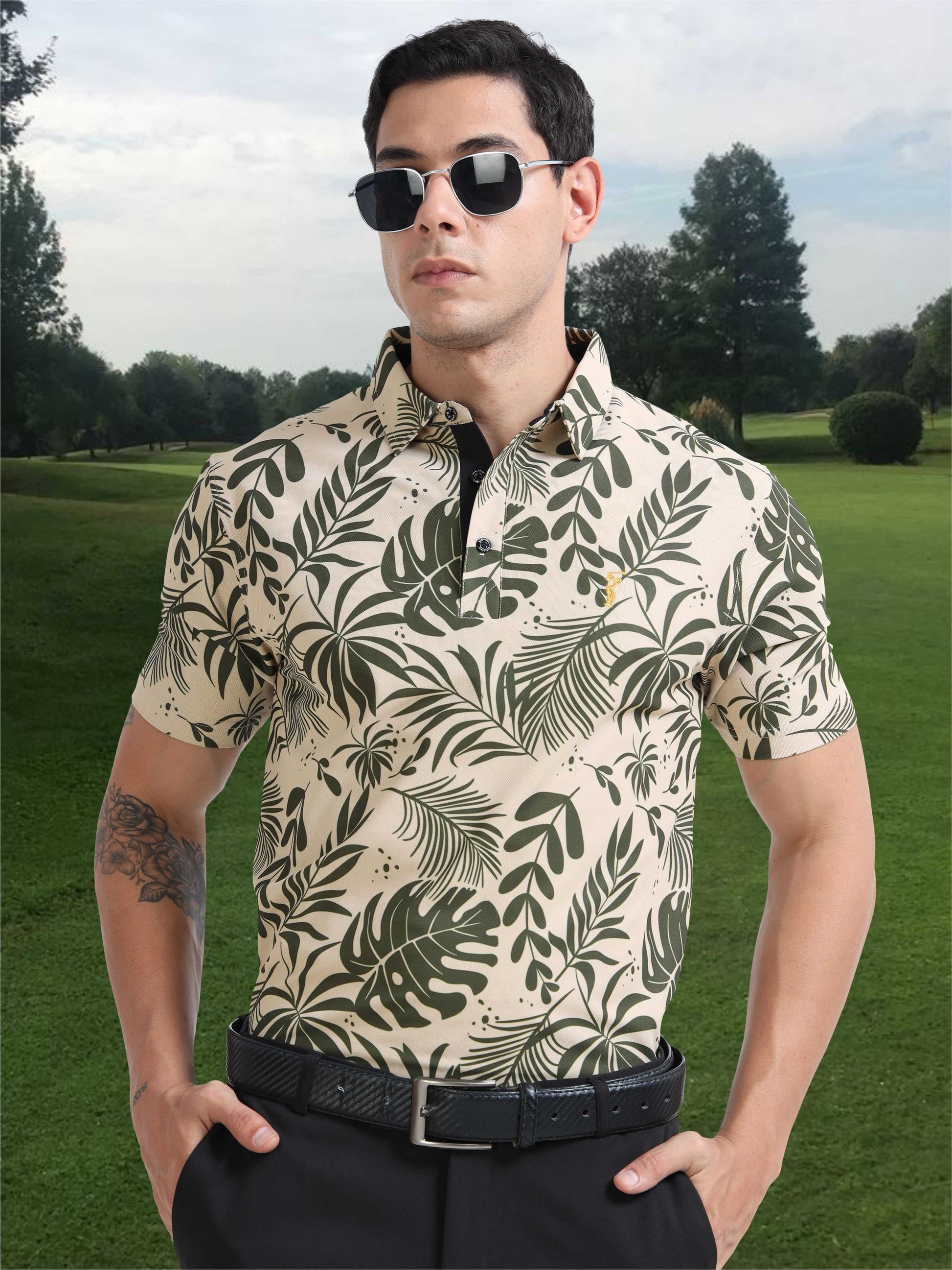 Beige Leaf Printed Polo T Shirt for Men