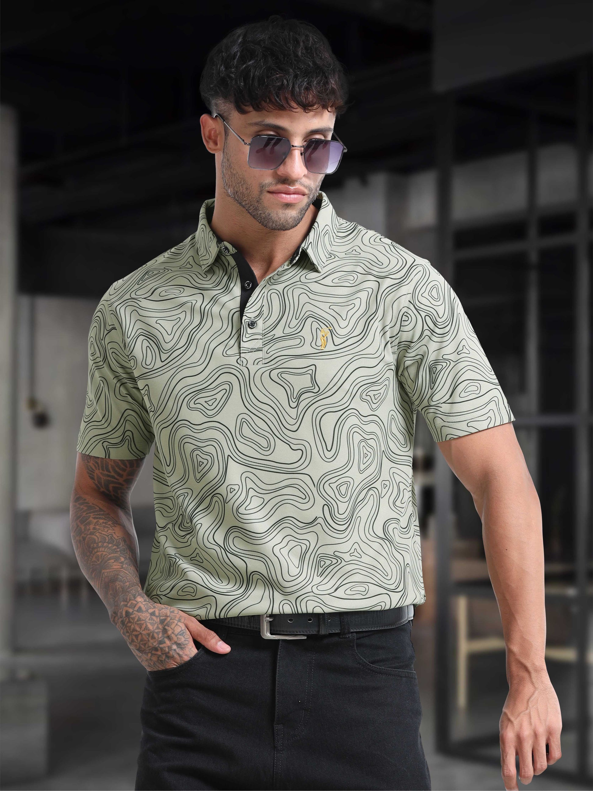 Moss Grey Printed Polo T Shirt for Men