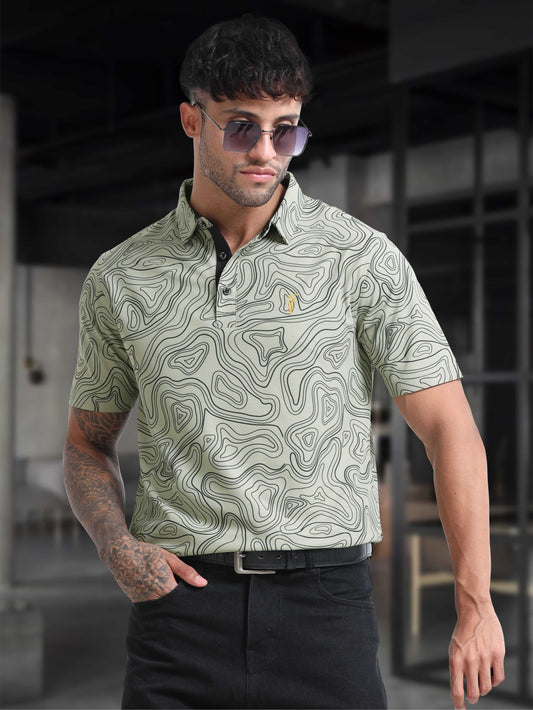 Gray Abstract Print Polo Tshirt for Men