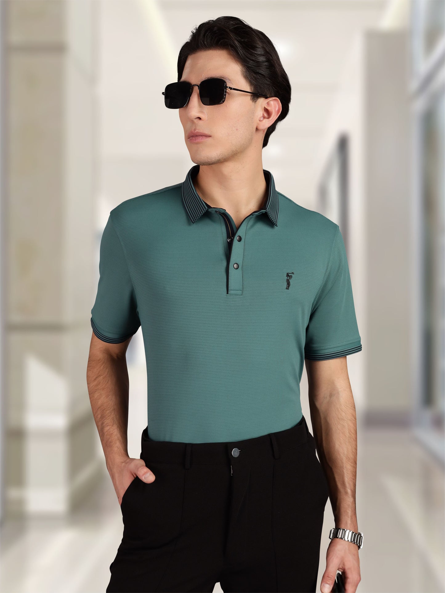 Men Premium Ultra Stripes Polo T-Shirt - Aqua Green | Feather Touch Feel | Light Weight | Stretchable | Sustainable
