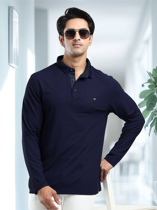 Men's Full Sleeve Polo T-Shirt-Navy Blue| Feather Touch Feel | Odour Resistant | Wrinkle Free | Quick Dry | Stretchable | Anti-Static | UV Resistance |