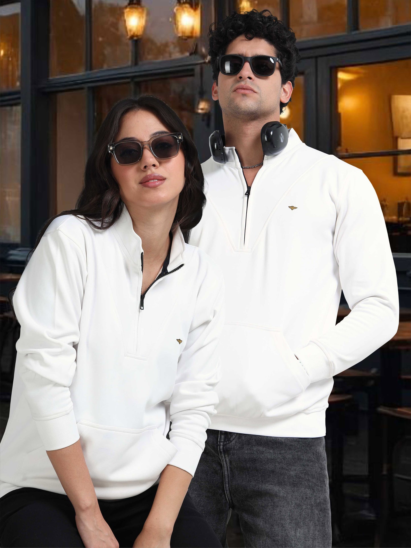 Unisex Half Zipper Sweatshirts - White | Regular Fit | Feather Touch Feel | Warm |