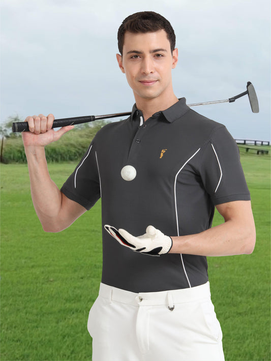 Dark Grey-Men's Piping Design Polo T-Shirt | Wrinkle-Free | Quick Dry | Stretchable |  Odour-Free | UV Protected