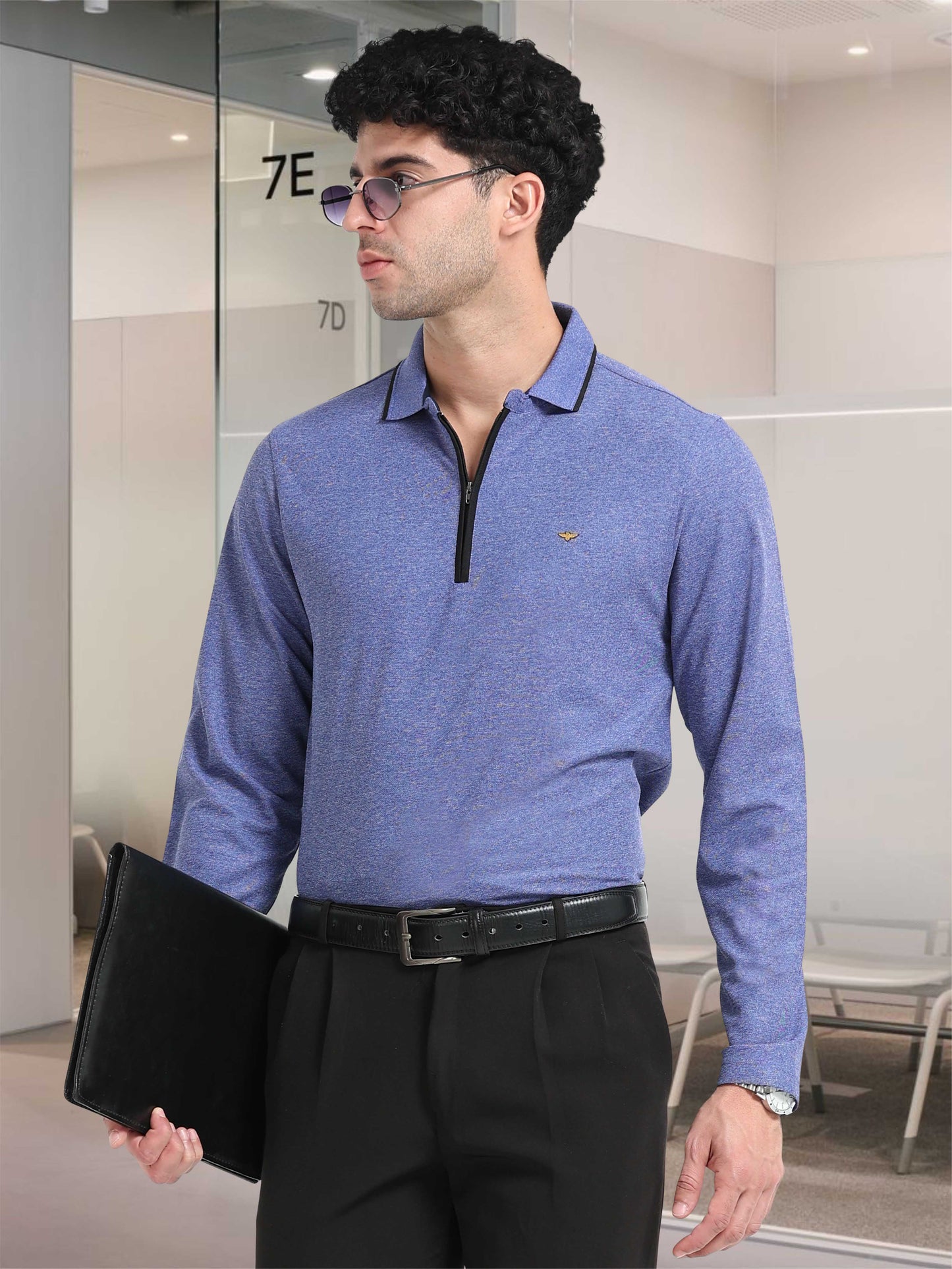 Blue Melange Zipper Full Sleeve Polo Tshirt For Men