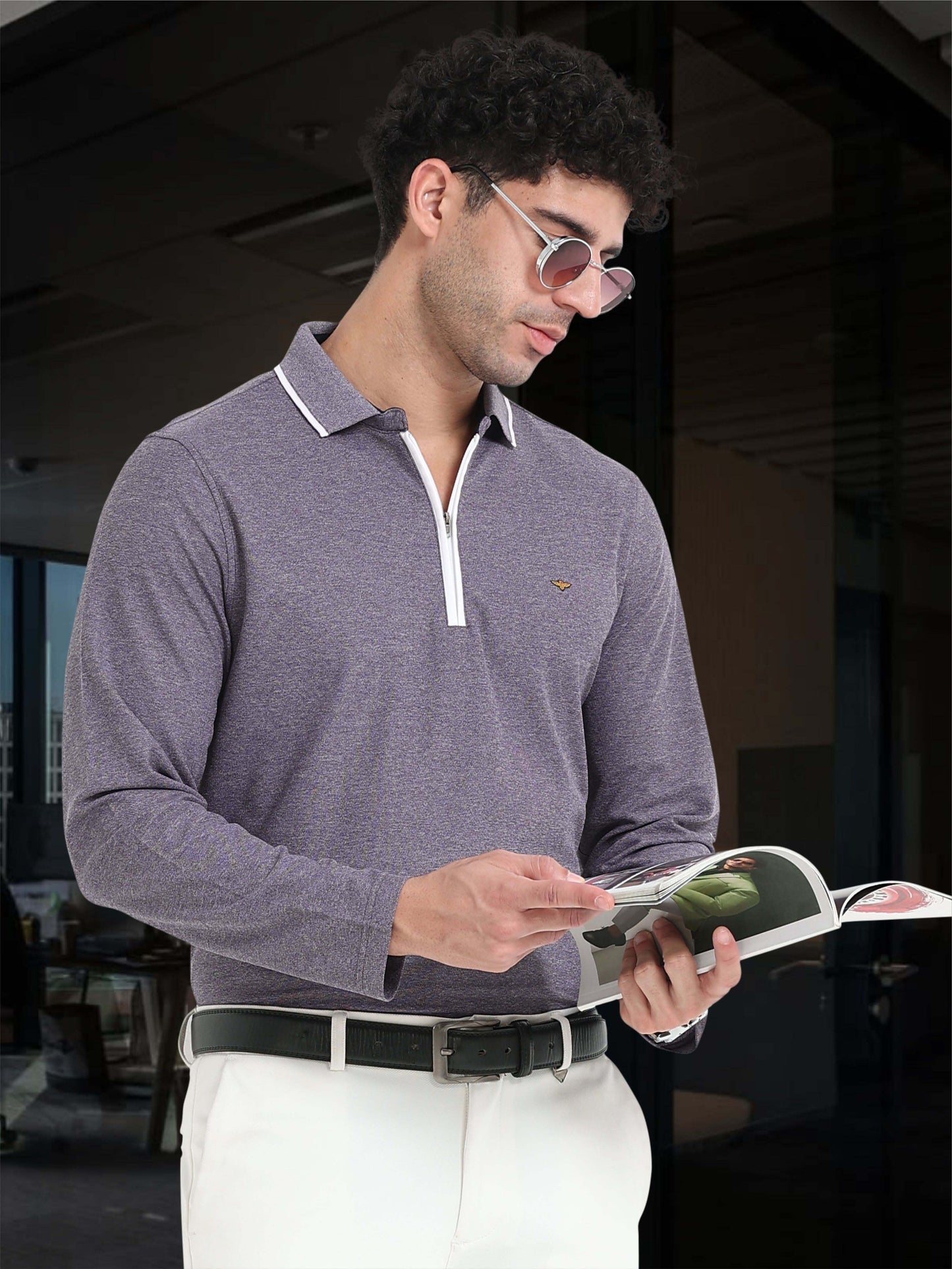 Purple Melange Zipper Full Sleeve Polo Tshirt For Men