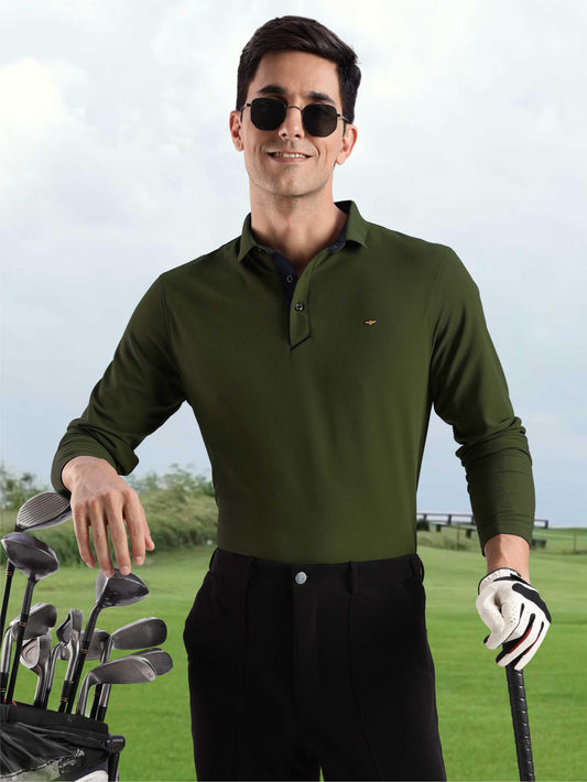 Men's Full Sleeve Polo T-Shirt-Olive Green| Feather Touch Feel | Odour Resistant | Wrinkle Free | Quick Dry | Stretchable | Anti-Static | UV Resistance |