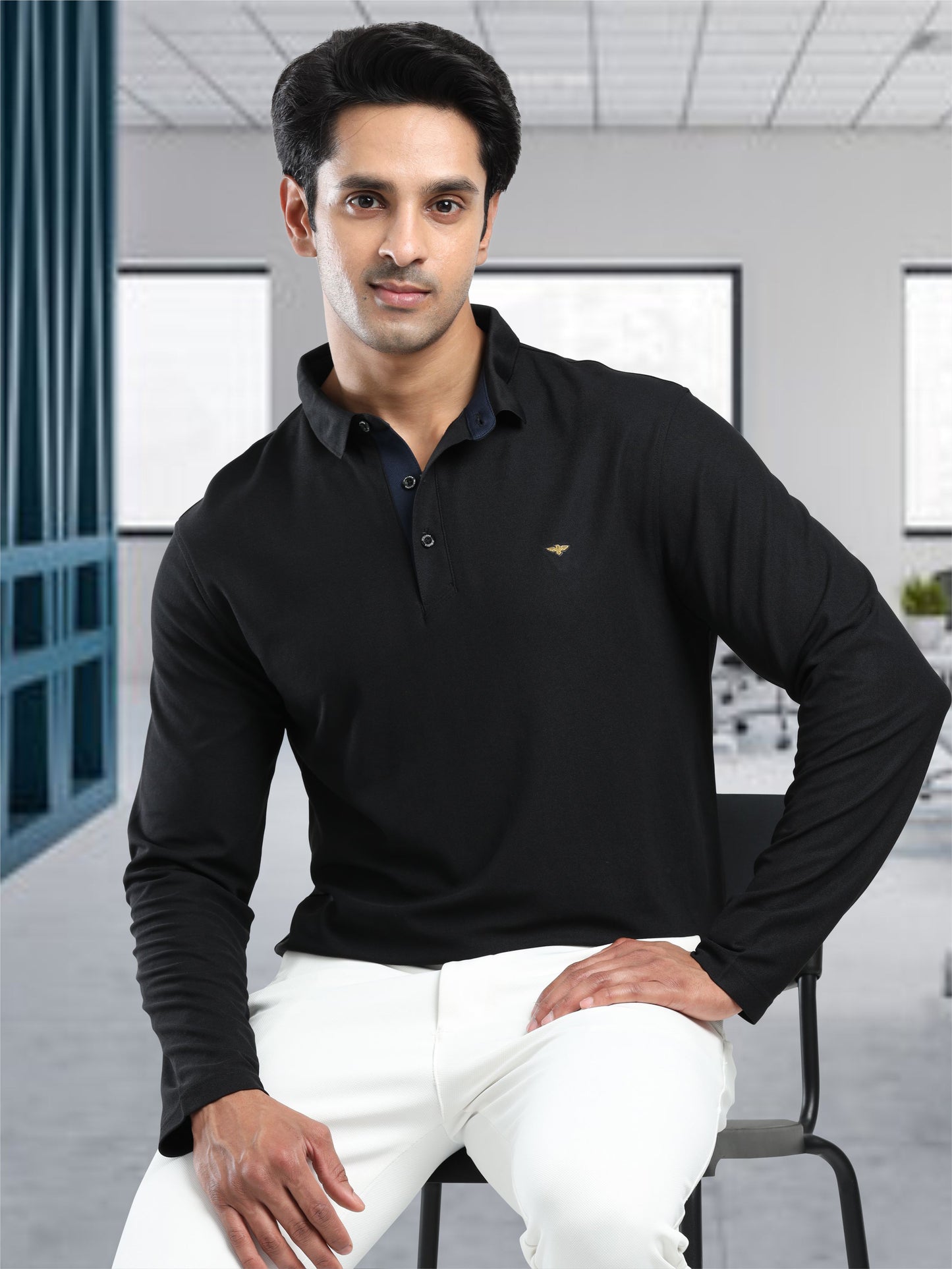 Men's Black Full Sleeve Polo T-Shirt