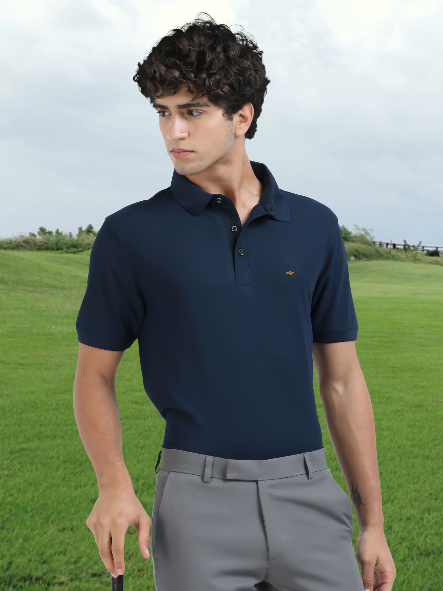 Men Navy Blue Premium Polo T-Shirt | Quick Dry | Stretchable | UV Protected | Wrinkle & Odour-Free