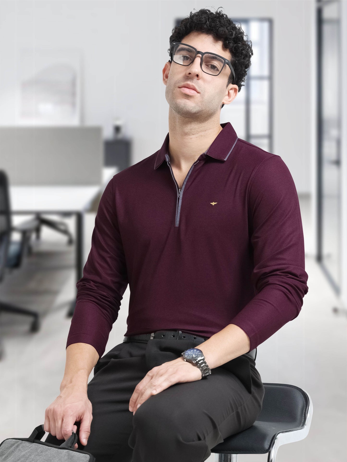 Raspberry Melange Zipper Full Sleeve Polo Tshirt For Men