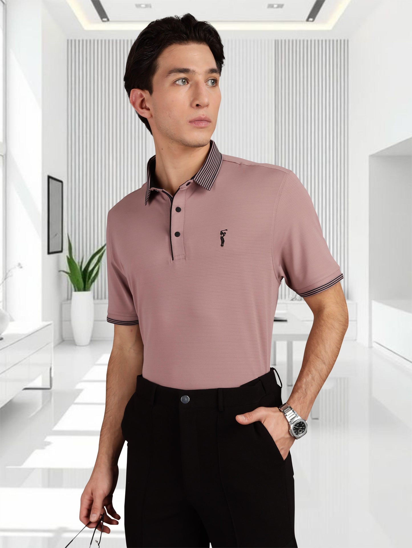 Men Premium Ultra Stripes Polo T-Shirt - Mauve | Feather Touch Feel | Light Weight | Stretchable | Sustainable