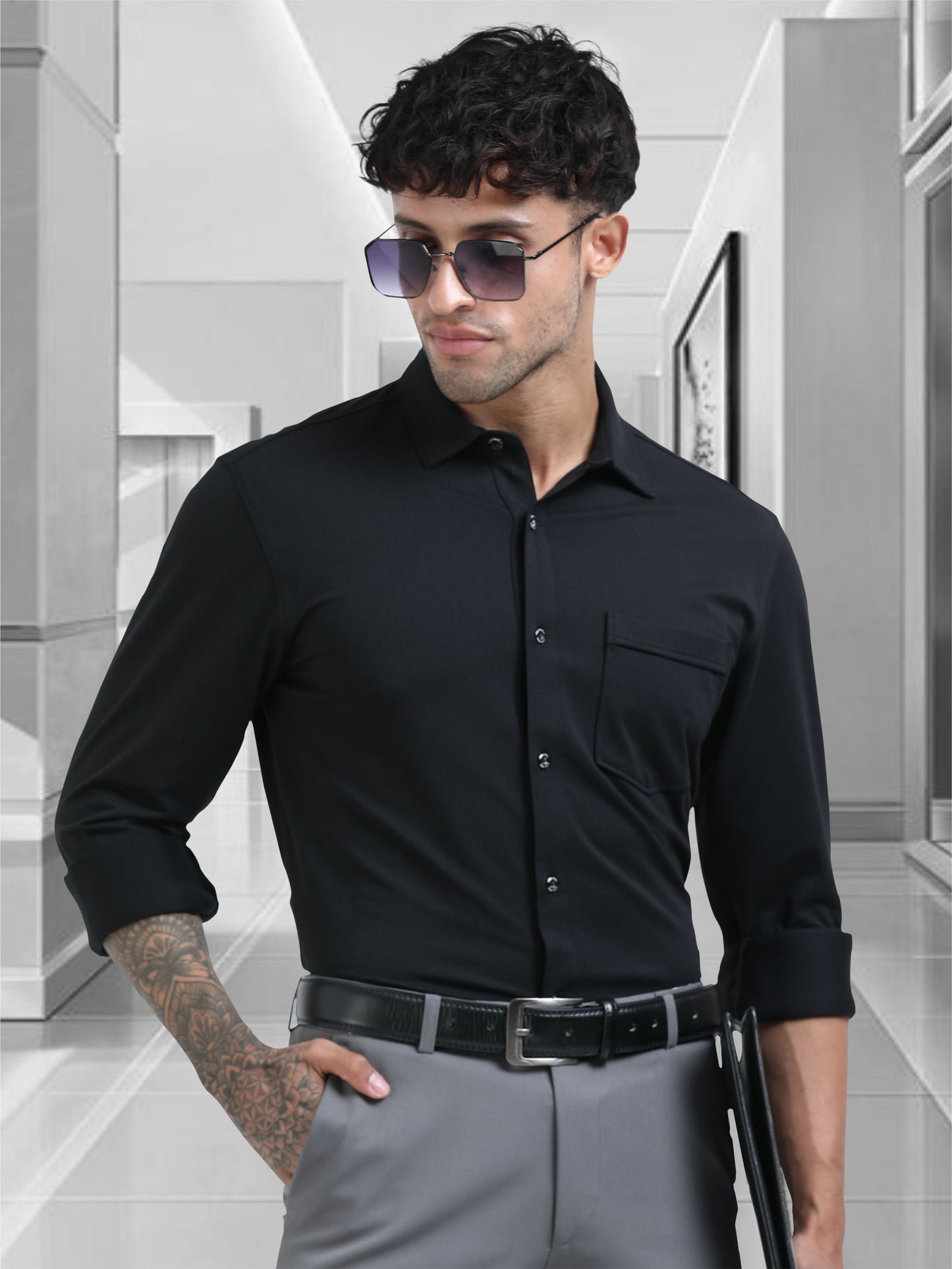 STELLERS Premium Cotton Formal Shirt - Black | Stretchable | Wrinkle Free | Quick Dry | Feather Touch Feel
