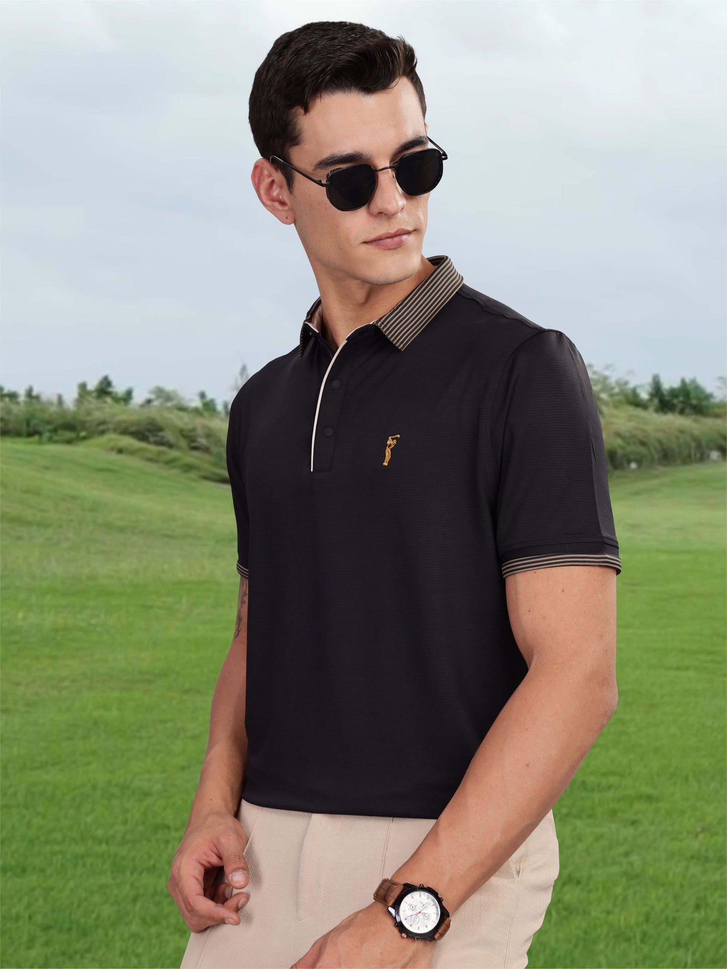 Men Premium Ultra Stripes Polo T-Shirt - Black | Feather Touch Feel | Light Weight | Stretchable | Sustainable