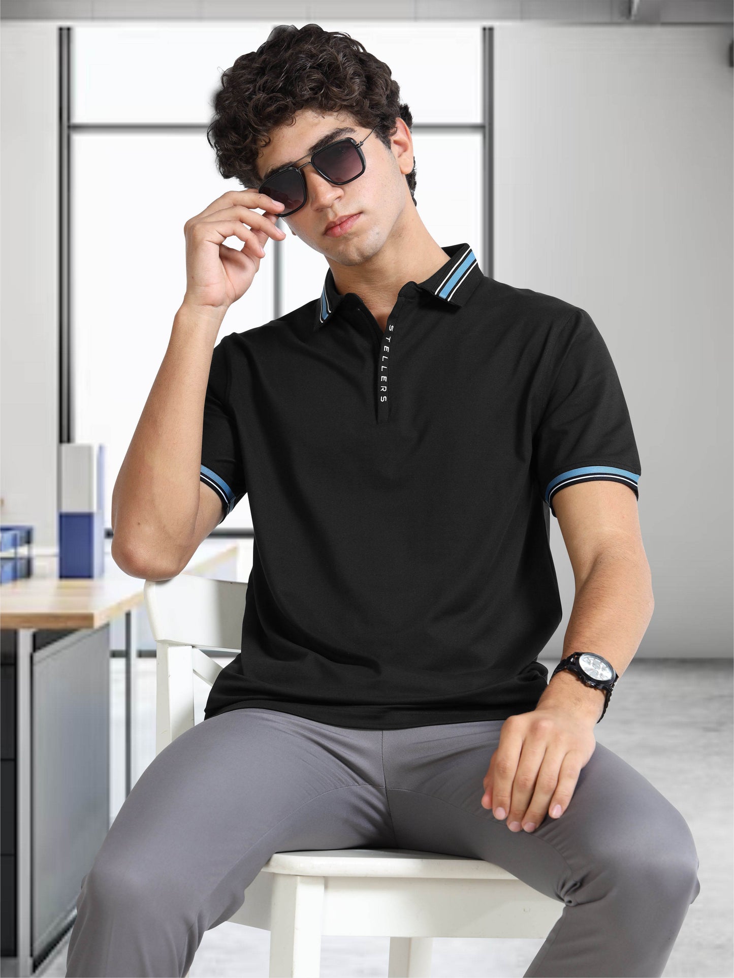 Black Mens Zipper Polo T-Shirt | Wrinkle-Free | Quick Dry |  Odour-Free | Stretchable | UV Protected