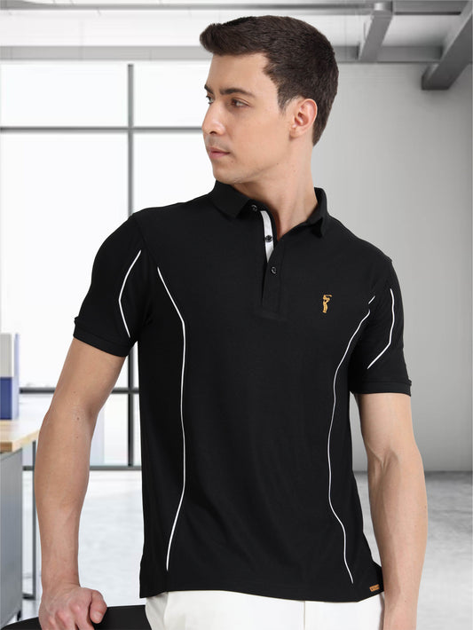 Black-Men's Piping Design Polo T-Shirt | Wrinkle-Free | Quick Dry | Stretchable |  Odour-Free | UV Protected