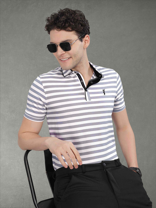 Purple Men's Stripes Polo T-Shirt | Quick Dry | Stretchable | UV Protected | Wrinkle & Odour-Free