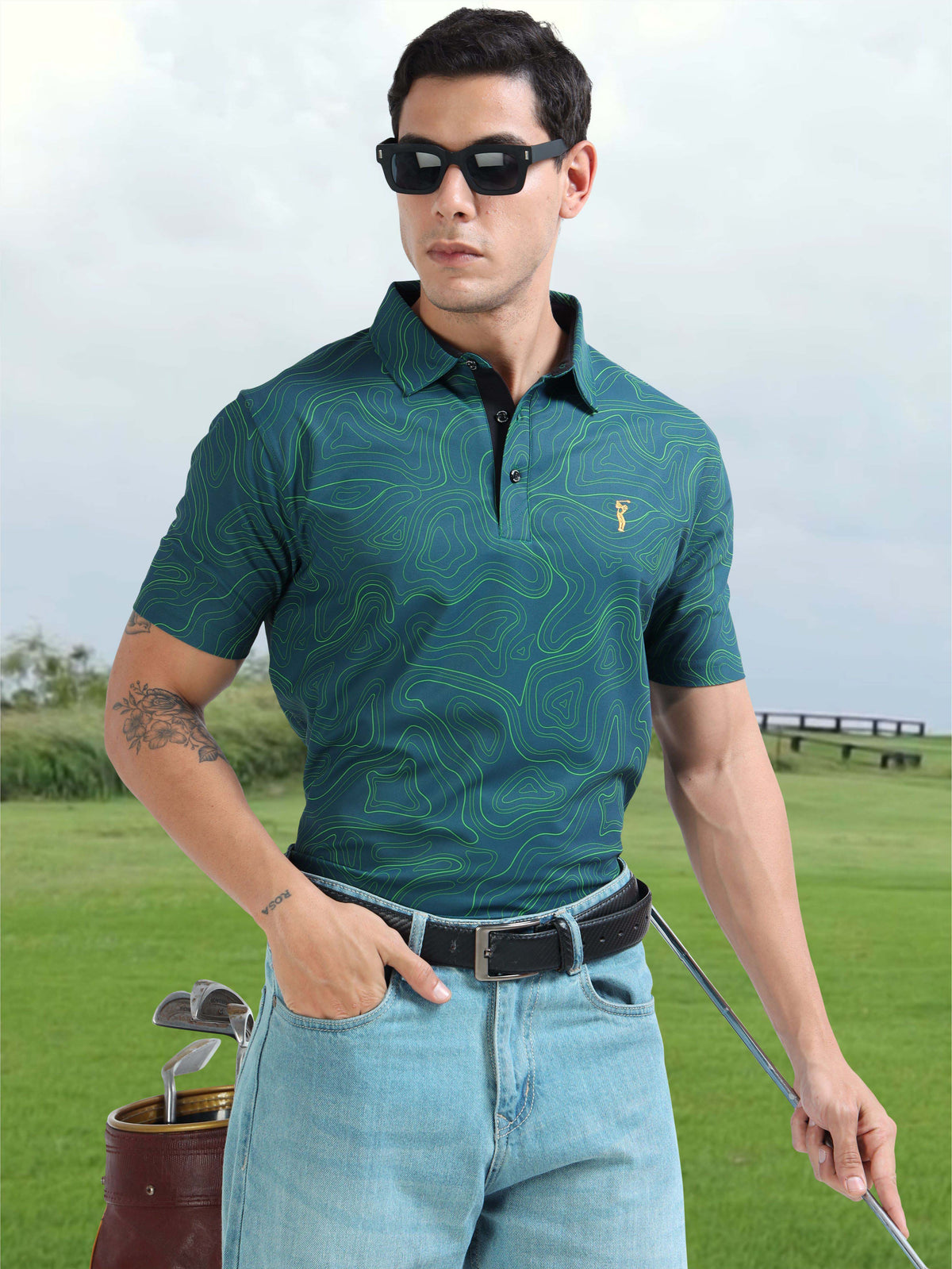 Abstract Teal Blue Printed Polo T Shirt for Men 