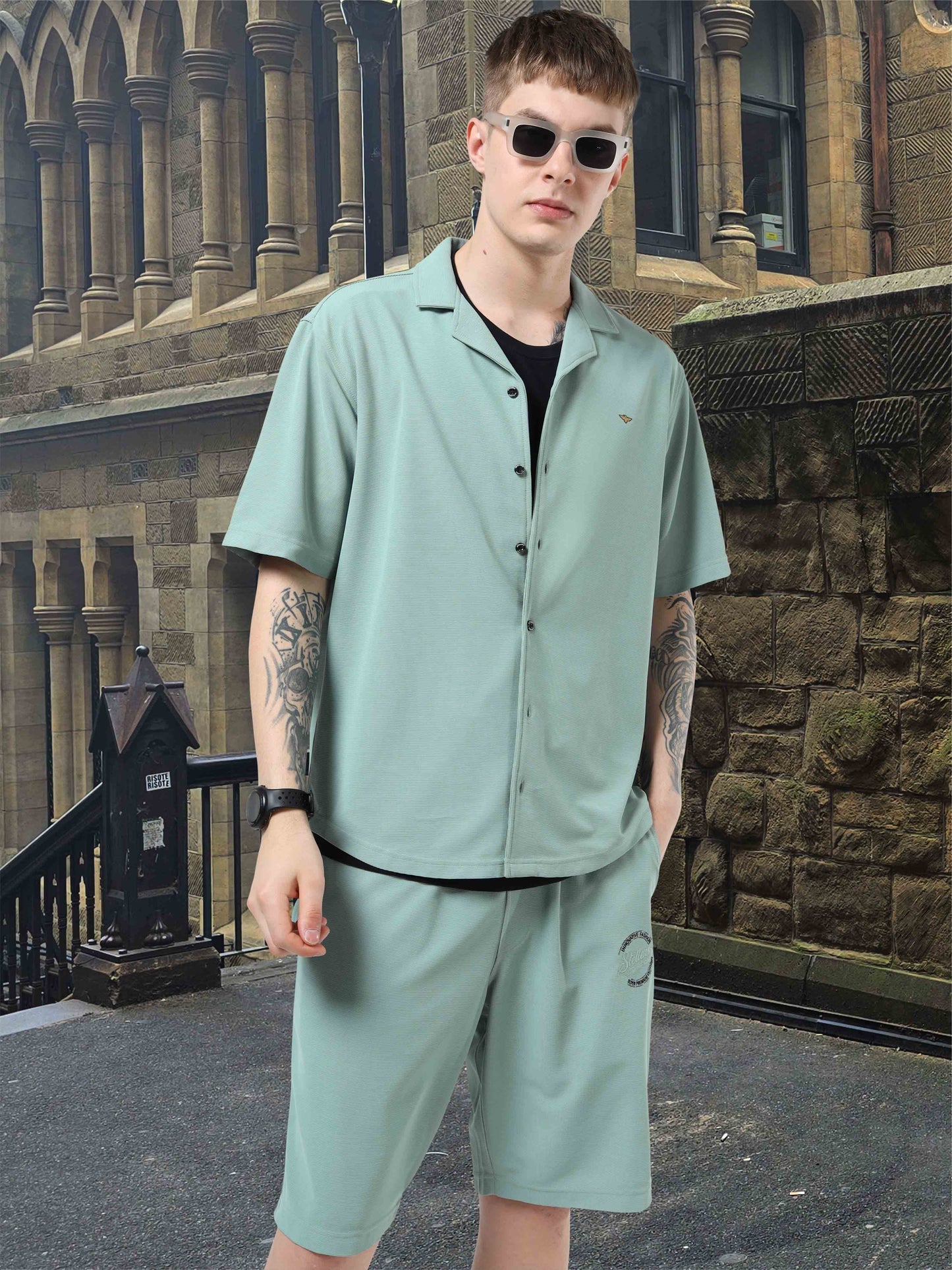 Men Relaxed Fit Co-ord Set Misty-Green | Wrinkle Free | Stretchable | Feather Touch Feel | Breathable
