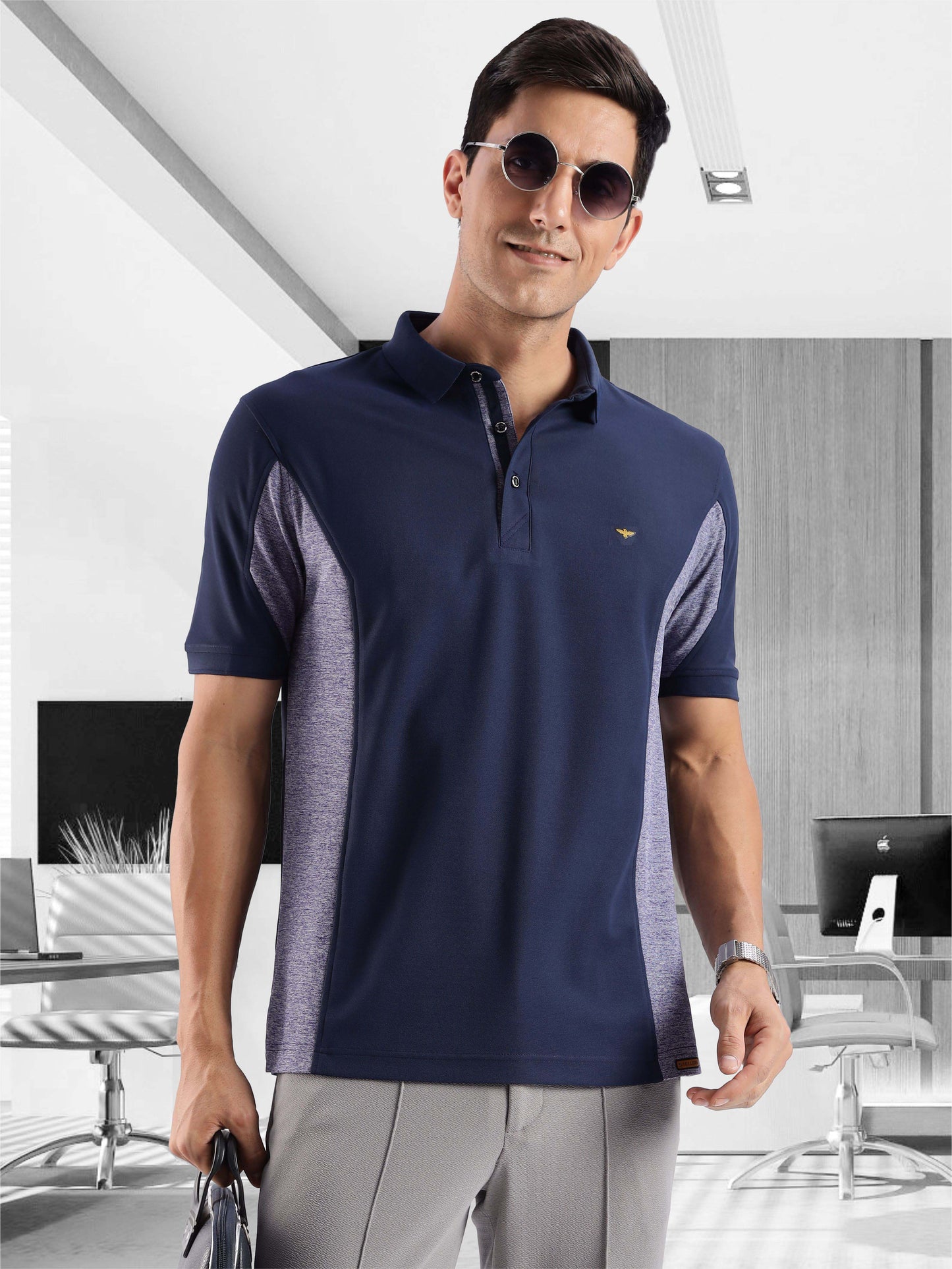 Men's Navy Blue Color Block Polo T-Shirt | Wrinkle-Free | Quick Dry | Stretchable |  Odour-Free | UV Protected