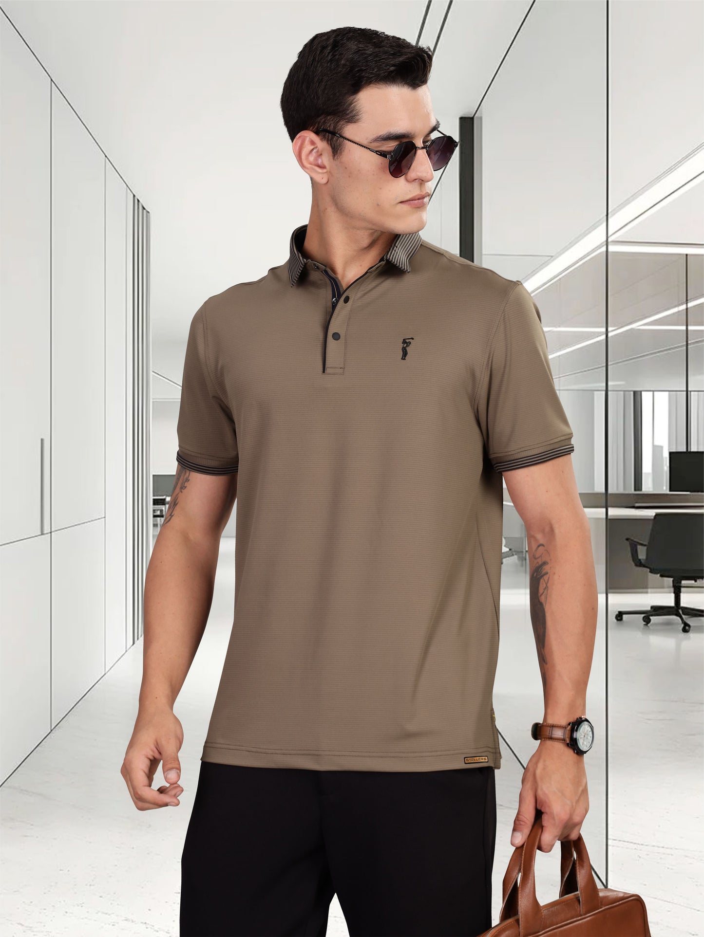 Men Premium Ultra Stripes Polo T-Shirt - Coffee Dust | Feather Touch Feel | Light Weight | Stretchable | Sustainable