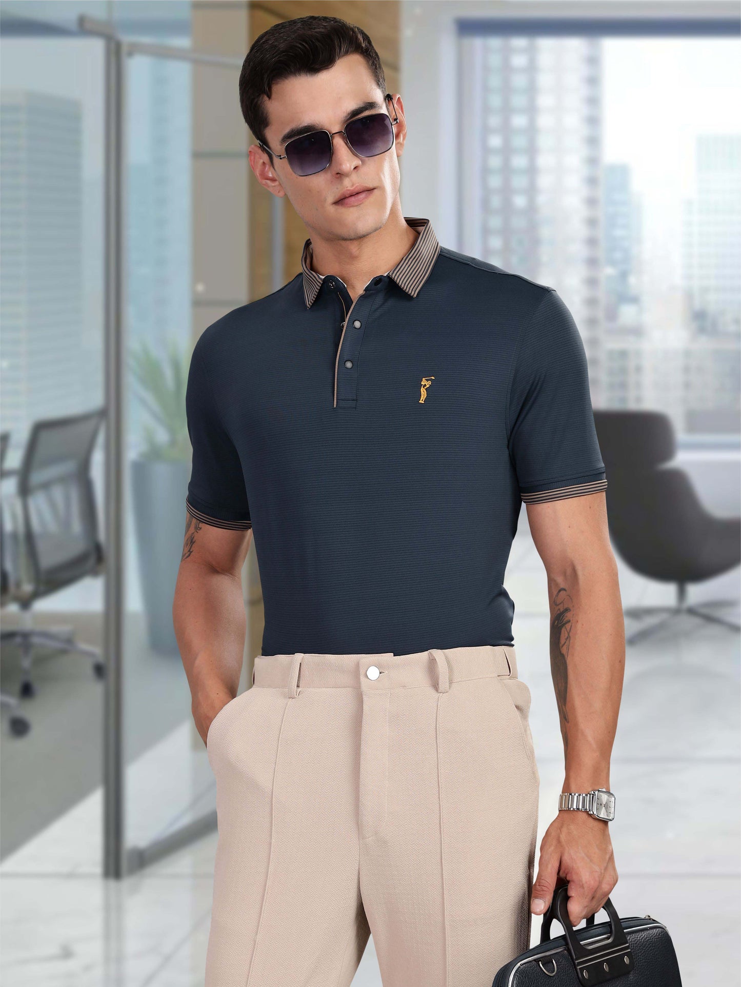 Men Premium Ultra Stripes Polo T-Shirt - Navy Blue | Feather Touch Feel | Light Weight | Stretchable | Sustainable