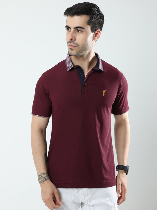 Wine Men's Jacquard Collar Polo T-Shirt | Quick Dry | Stretchable | UV Protected | Wrinkle & Odour-Free