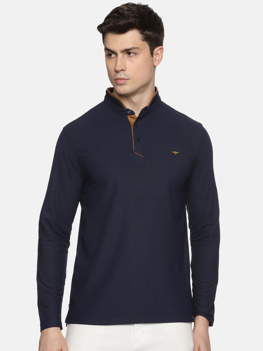 Navy Blue Henley  Men's Full Sleeve Snap Button T-Shirt