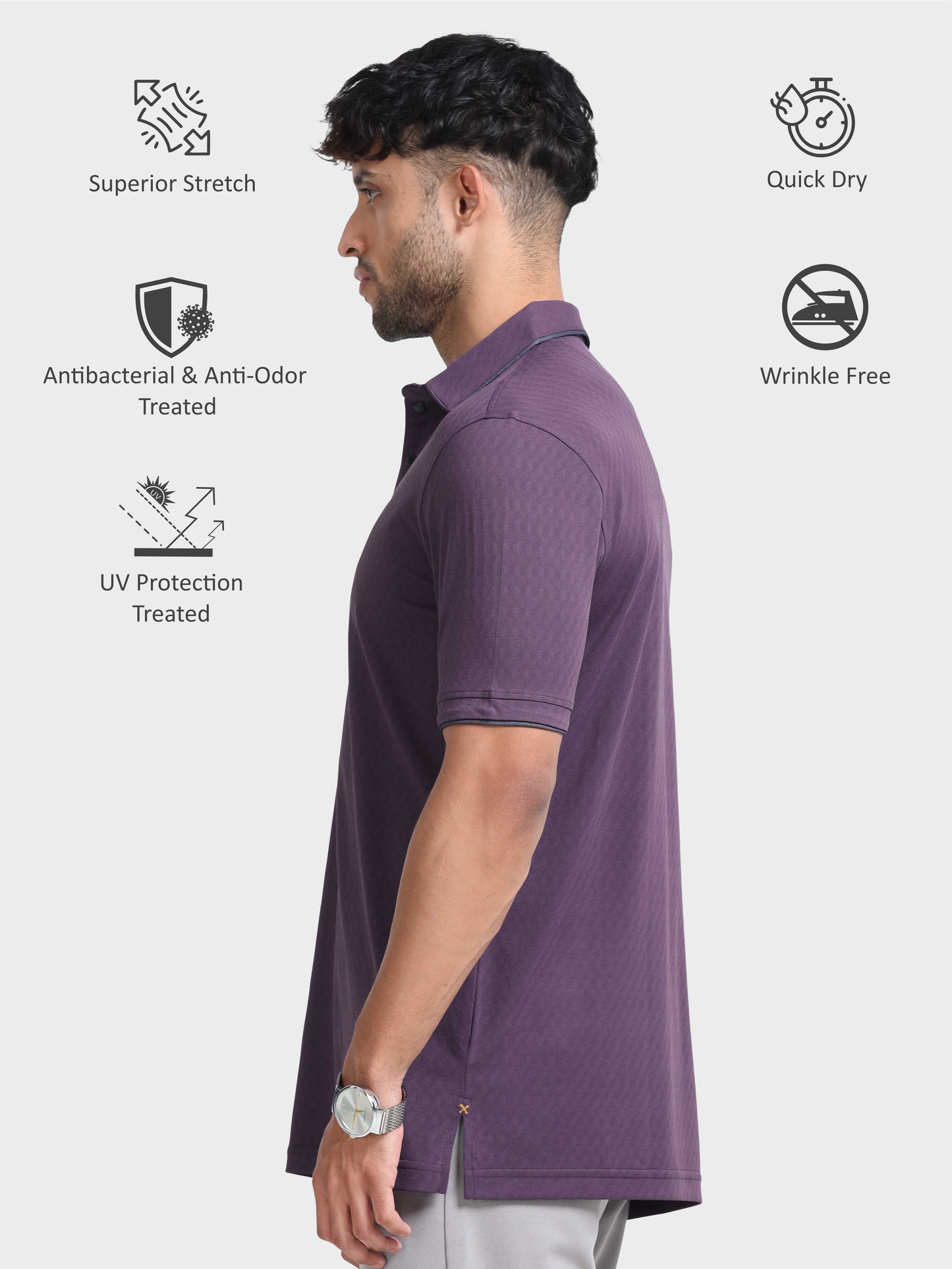 Men Self-Checked Regular Fit Polo T-shirt | Odour Resistant | Wrinkle Free | Quick Dry | Stretchable | Anti-Static