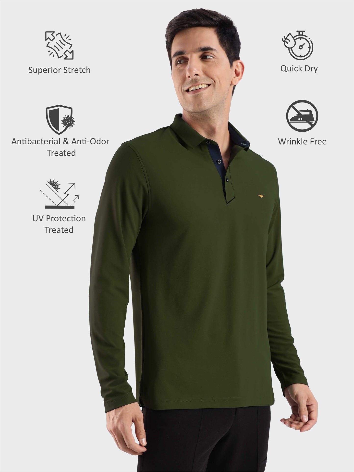 Men's Full Sleeve Polo T-Shirt-Olive Green| Feather Touch Feel | Odour Resistant | Wrinkle Free | Quick Dry | Stretchable | Anti-Static | UV Resistance |