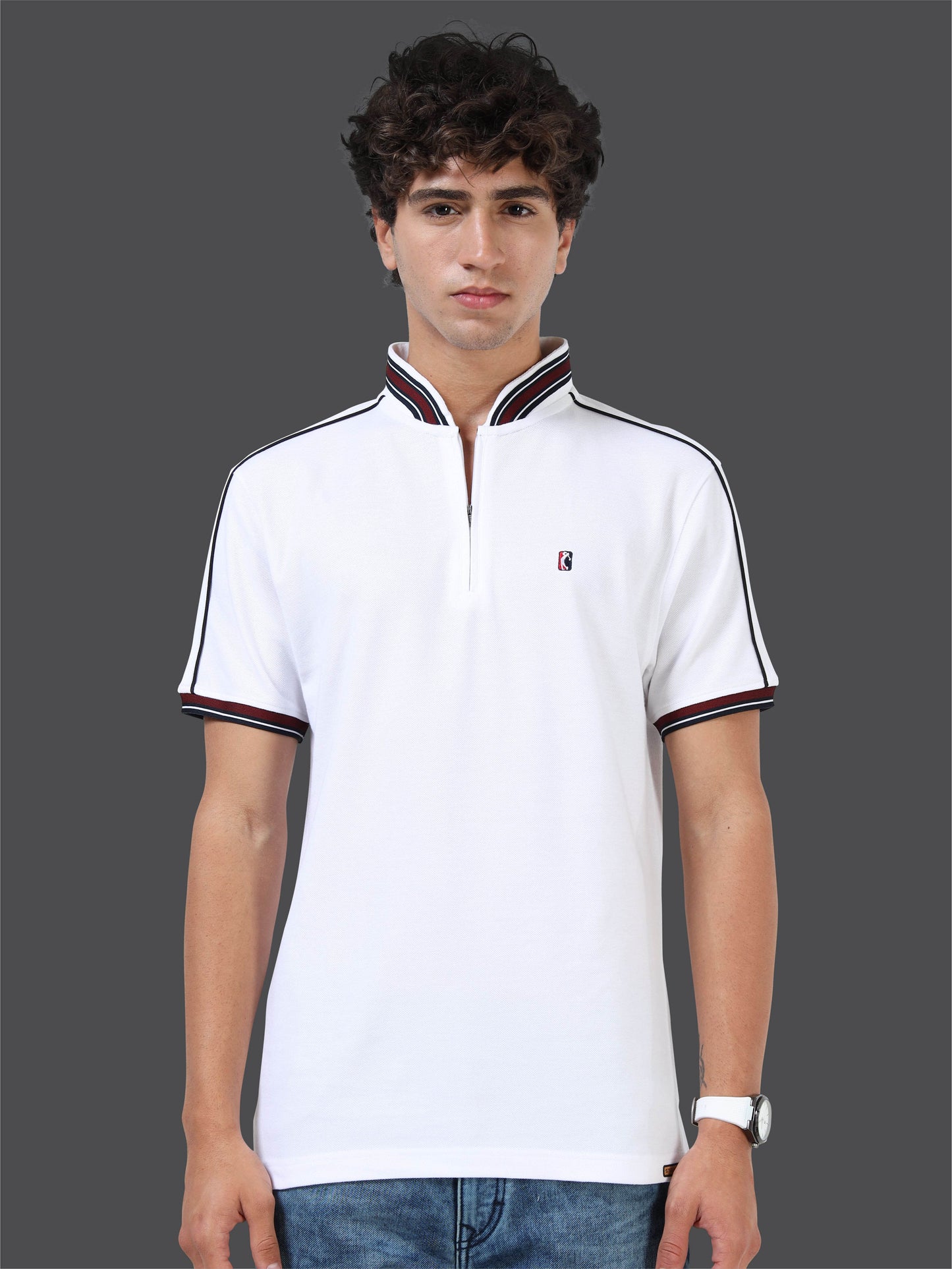 STELLERS Men's Zipper Chinese Collar Polo T-Shirt - White | Premium Cotton | Stretchable | Feather Touch Feel | Breathable | Light Weight