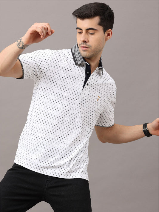 White Men's Ant Print Golf Polo T-Shirt | Quick Dry | Stretchable | UV Protected | Wrinkle & Odour-Free