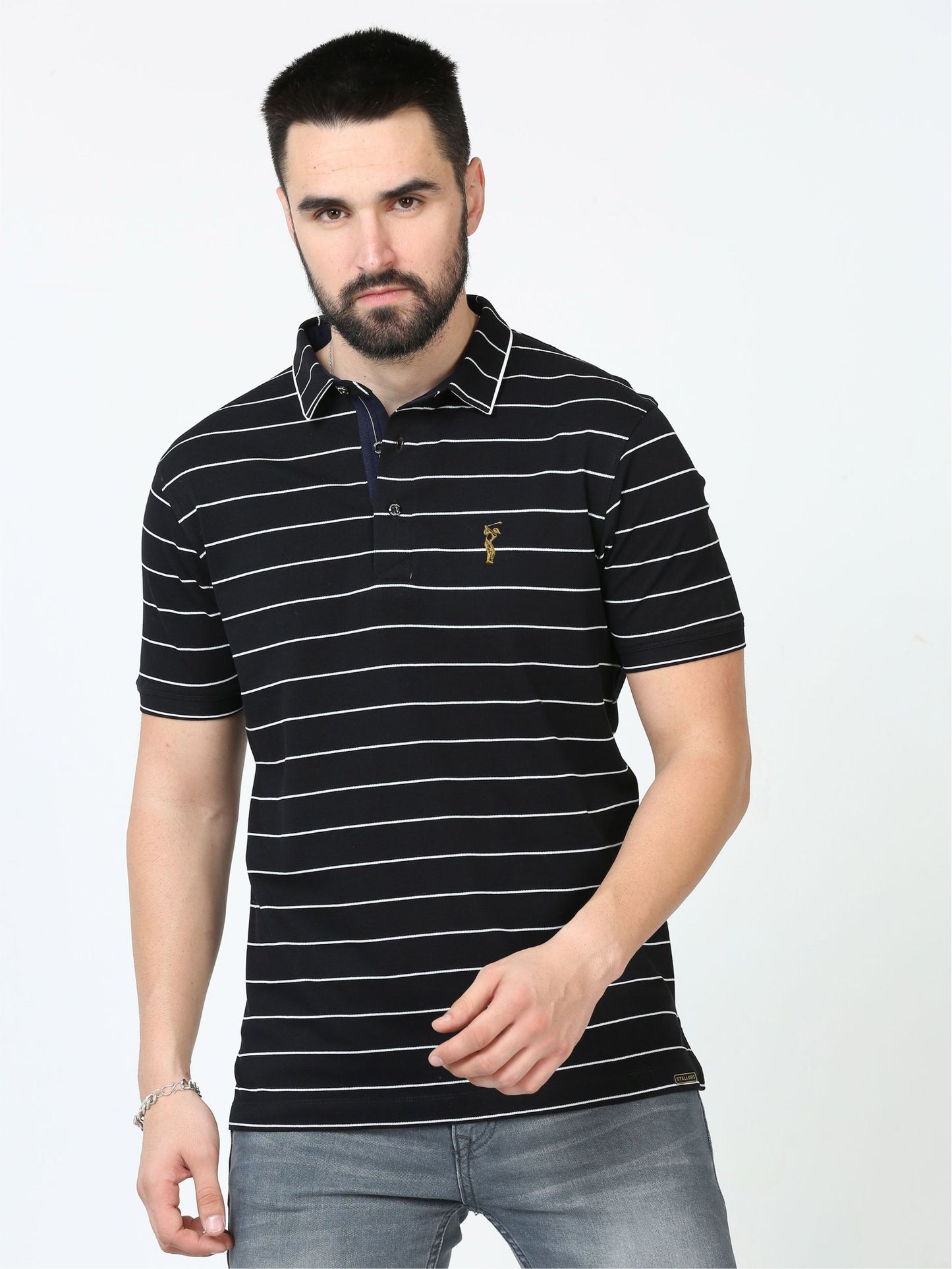 Black Striped Polo T Shirt for Men