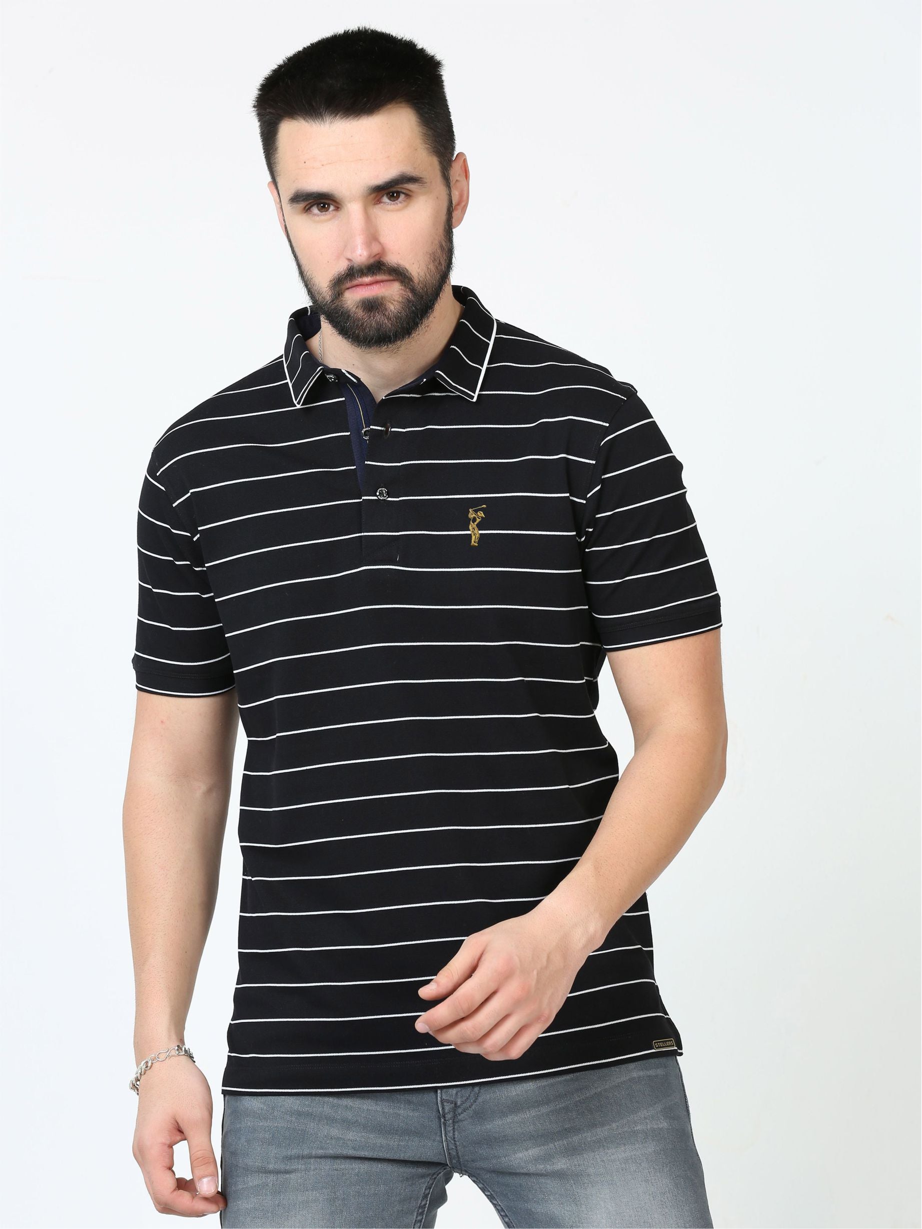 Black Striped Polo T Shirt for Men