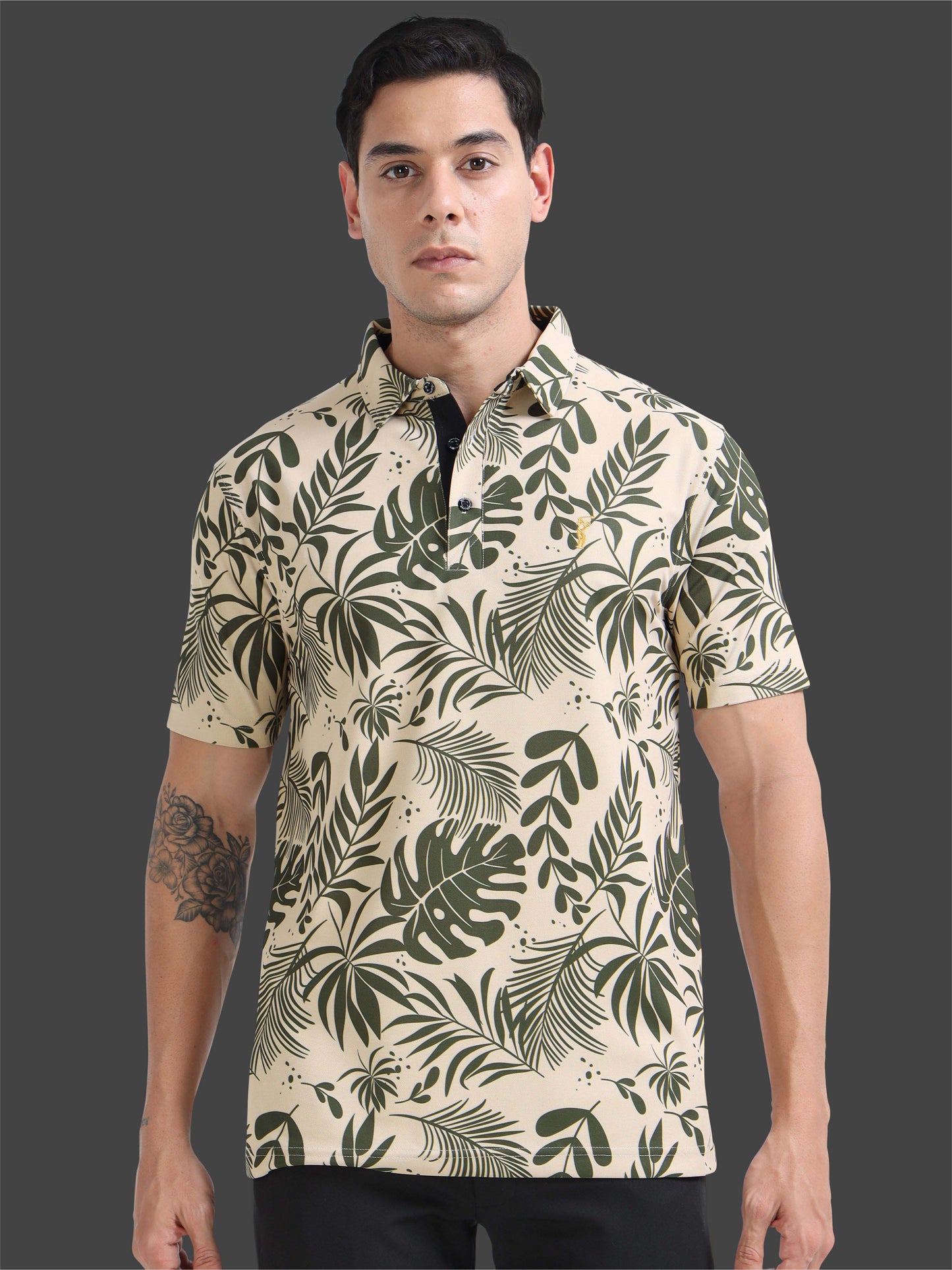 Beige Leaf Printed Polo T Shirt for Men