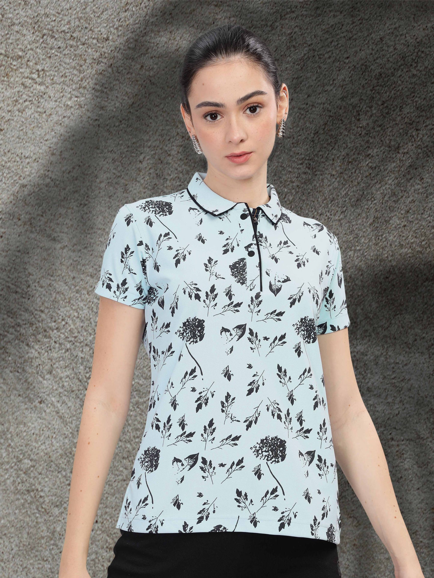 Ice Blue Women's Printed Polo T Shirt