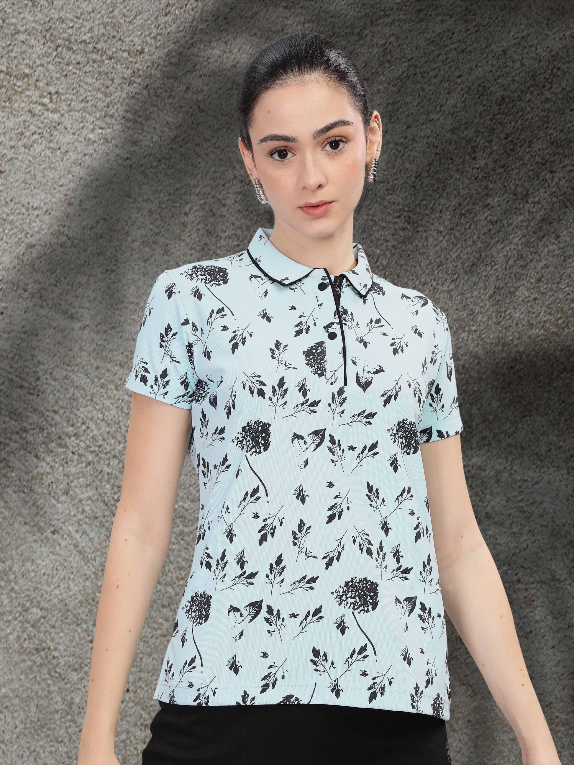 Ice Blue Women's Printed Polo T Shirt