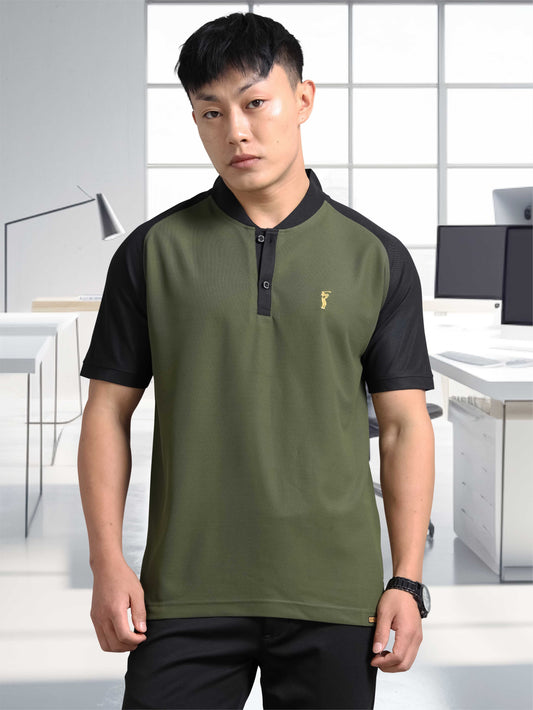Men’s Olive Green Chinese Collar Polo T-shirt – Raglan Sleeves | Wrinkle-Free | Quick Dry |  Odour-Free | Stretchable | UV Protected