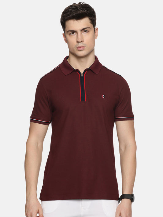 Wine Men's Zipper Placket Polo T-Shirt | Quick Dry | Stretchable | UV Protected | Wrinkle & Odour-Free