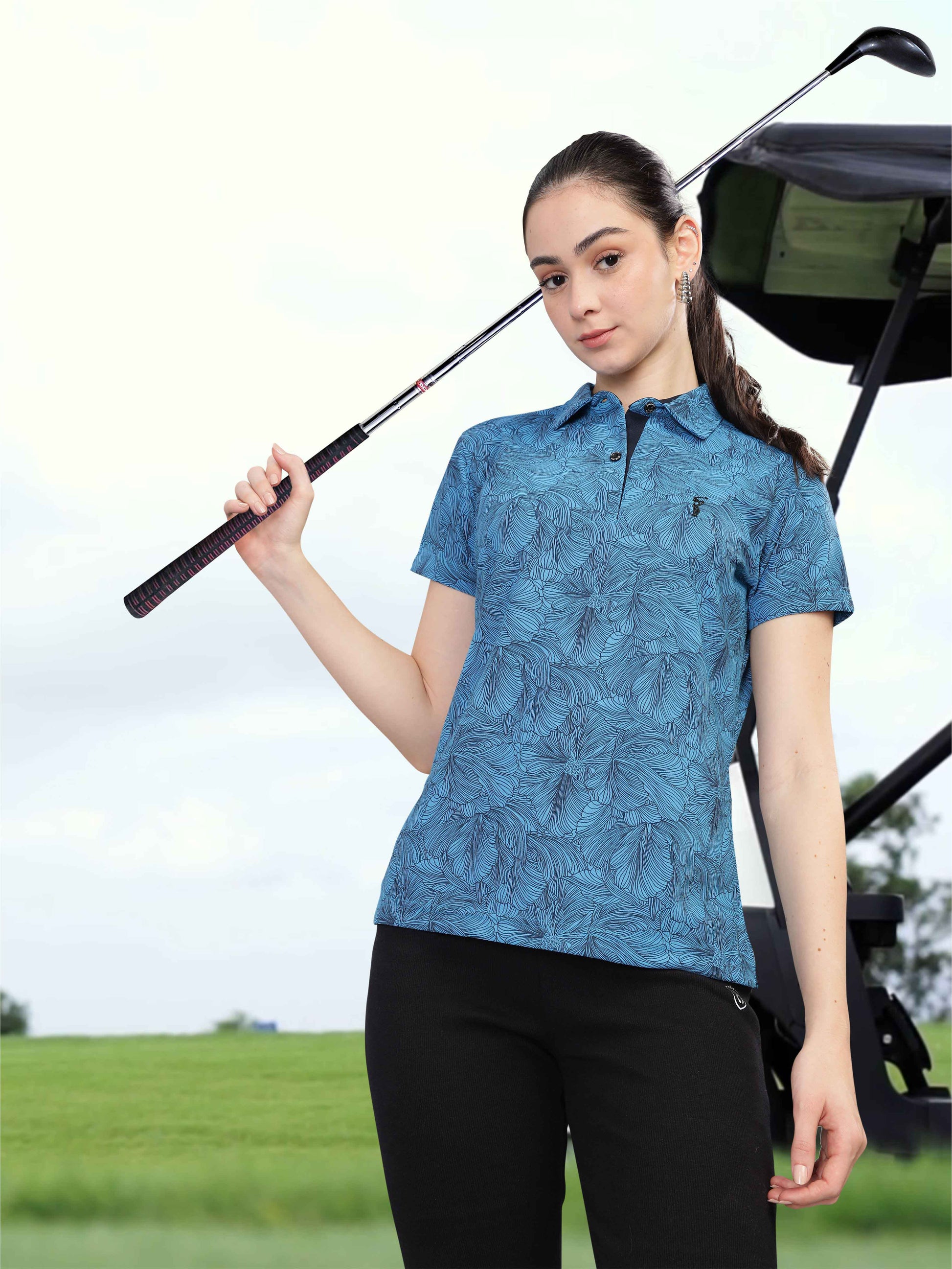 Dell Blue Women's Printed Polo T Shirt 