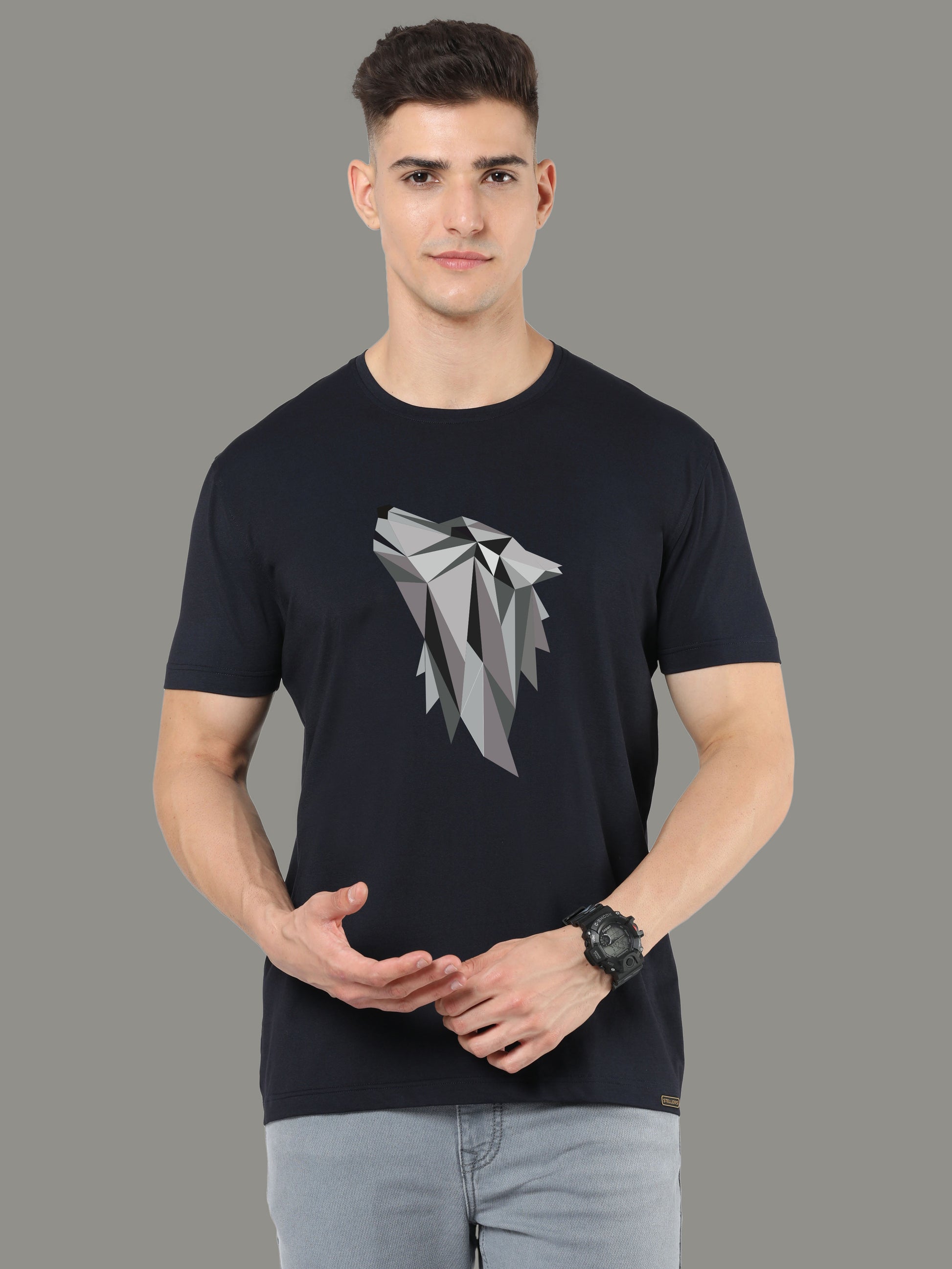 Black Men's Fox Print Round Neck T Shirts