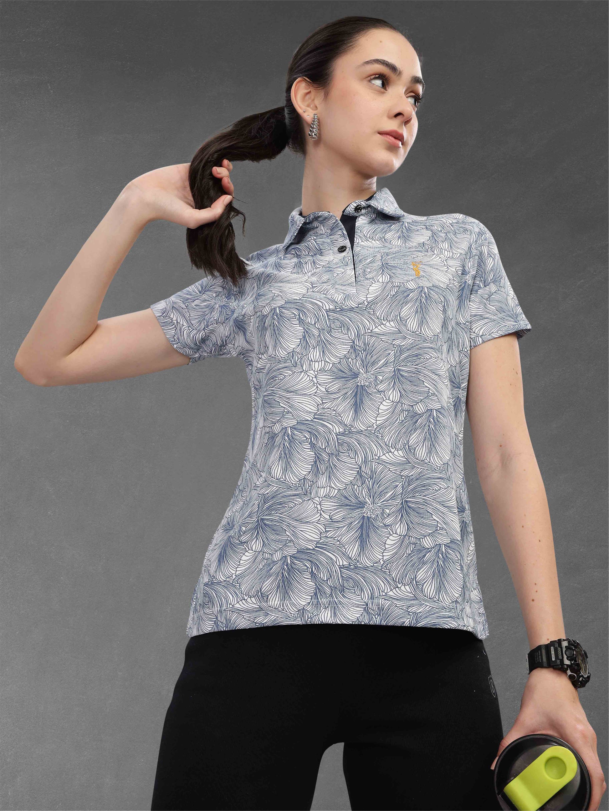 White Women's Printed Polo T Shirt