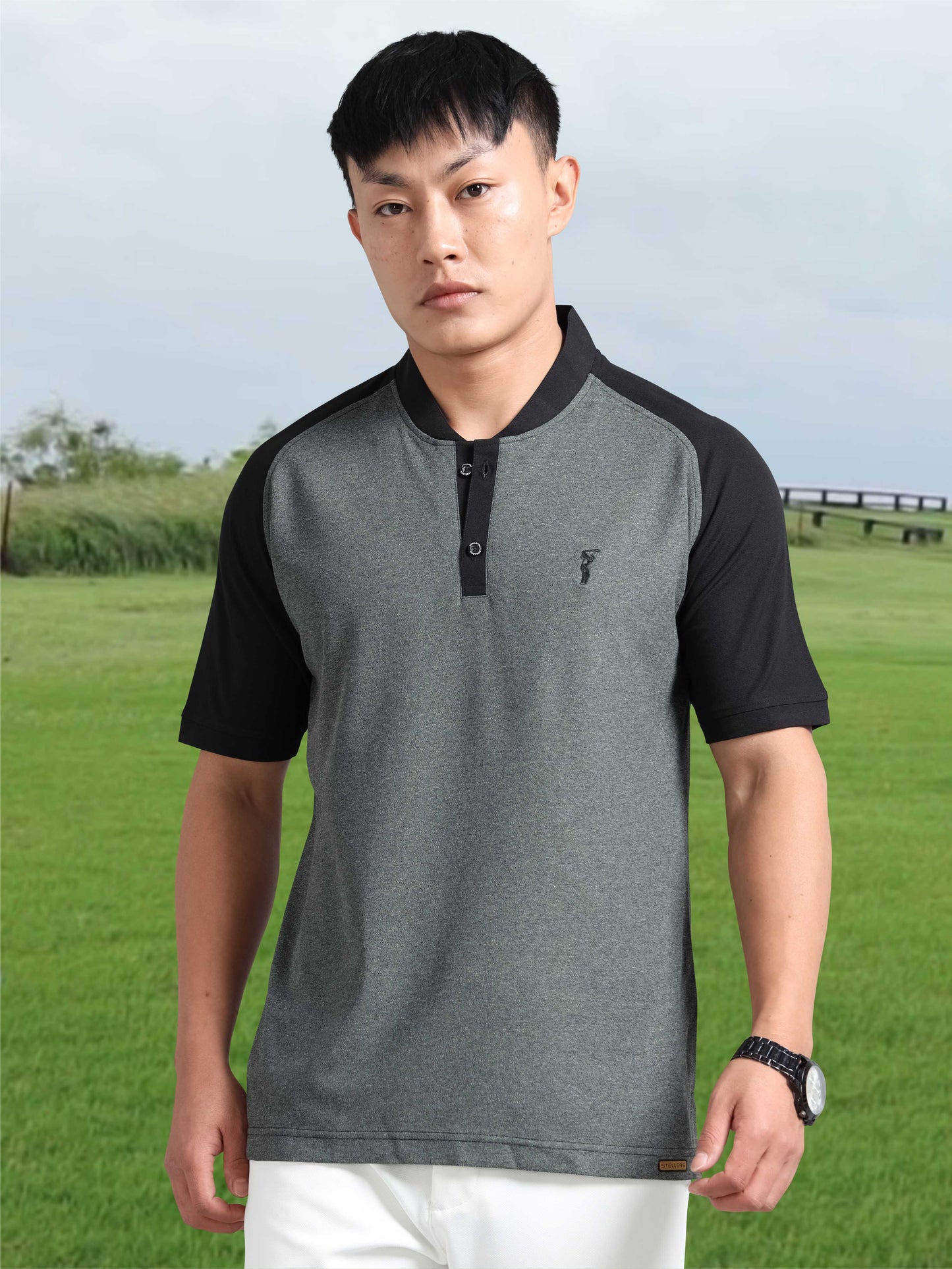 Men’s Charcoal Grey Chinese Collar Polo T-shirt – Raglan Sleeves | Wrinkle-Free | Quick Dry |  Odour-Free | Stretchable | UV Protected