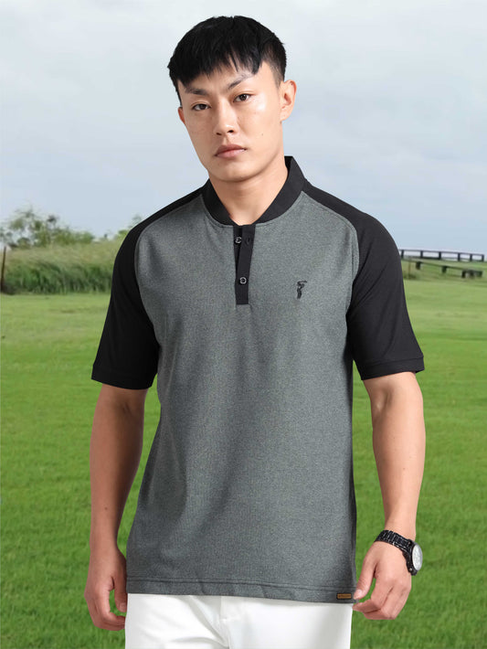Men’s Charcoal Grey Chinese Collar Polo T-shirt – Raglan Sleeves | Wrinkle-Free | Quick Dry |  Odour-Free | Stretchable | UV Protected
