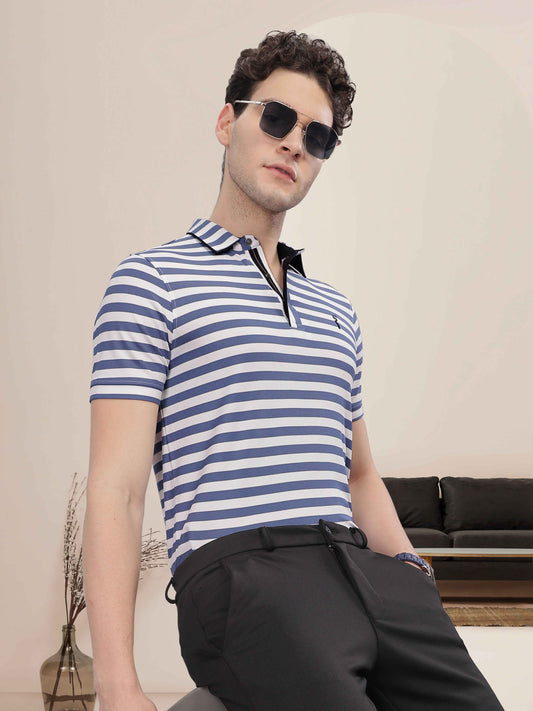 Deep Purple Men's Stripes Polo T-Shirt | Quick Dry | Stretchable | UV Protected | Wrinkle & Odour-Free