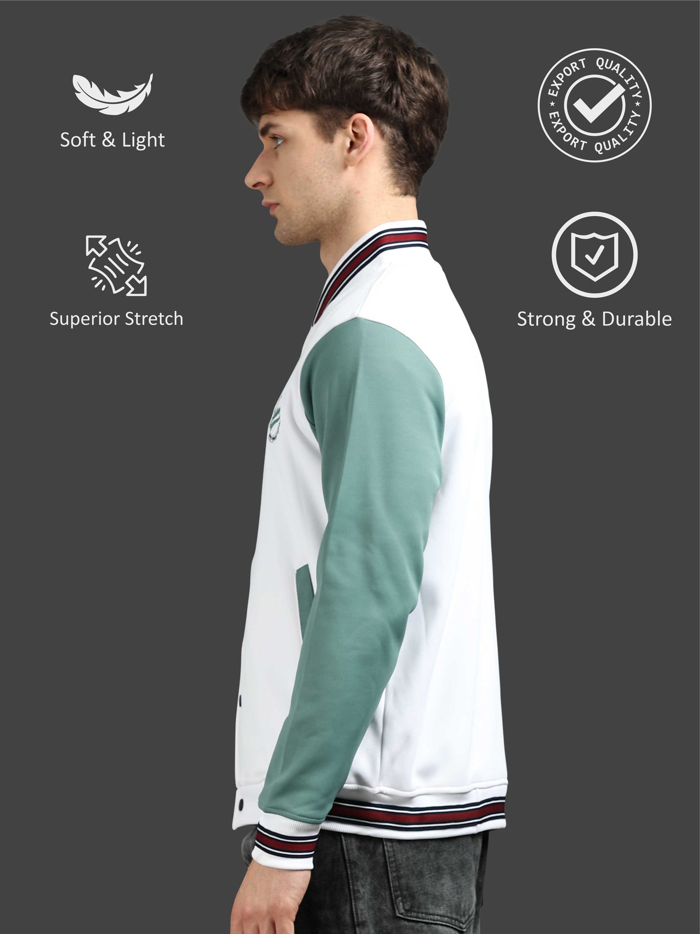 Men Varsity Jacket White & Green | Regular Fit | Feather Touch Feel | Warm |