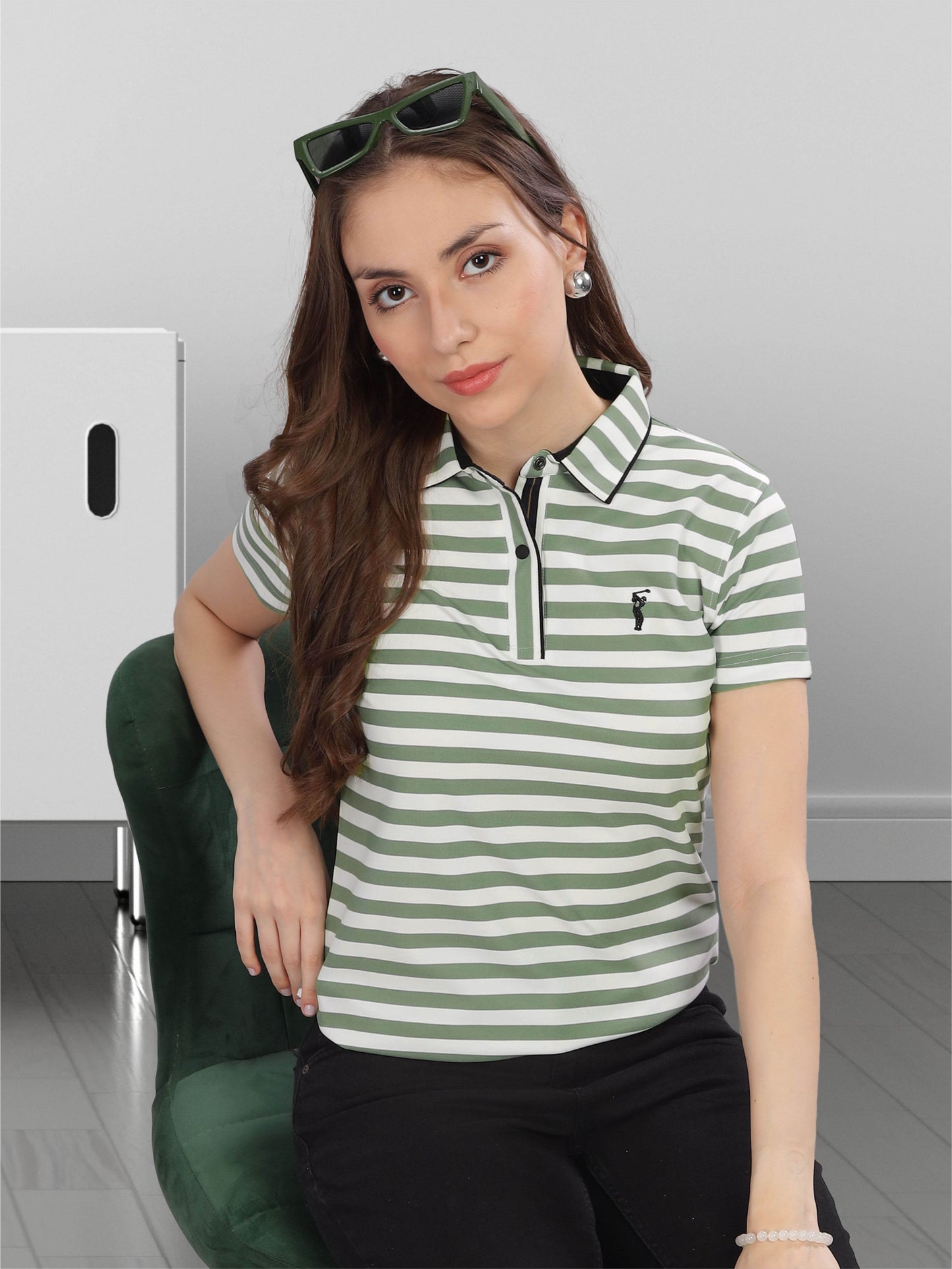 Green Women's Stripes Polo T Shirt