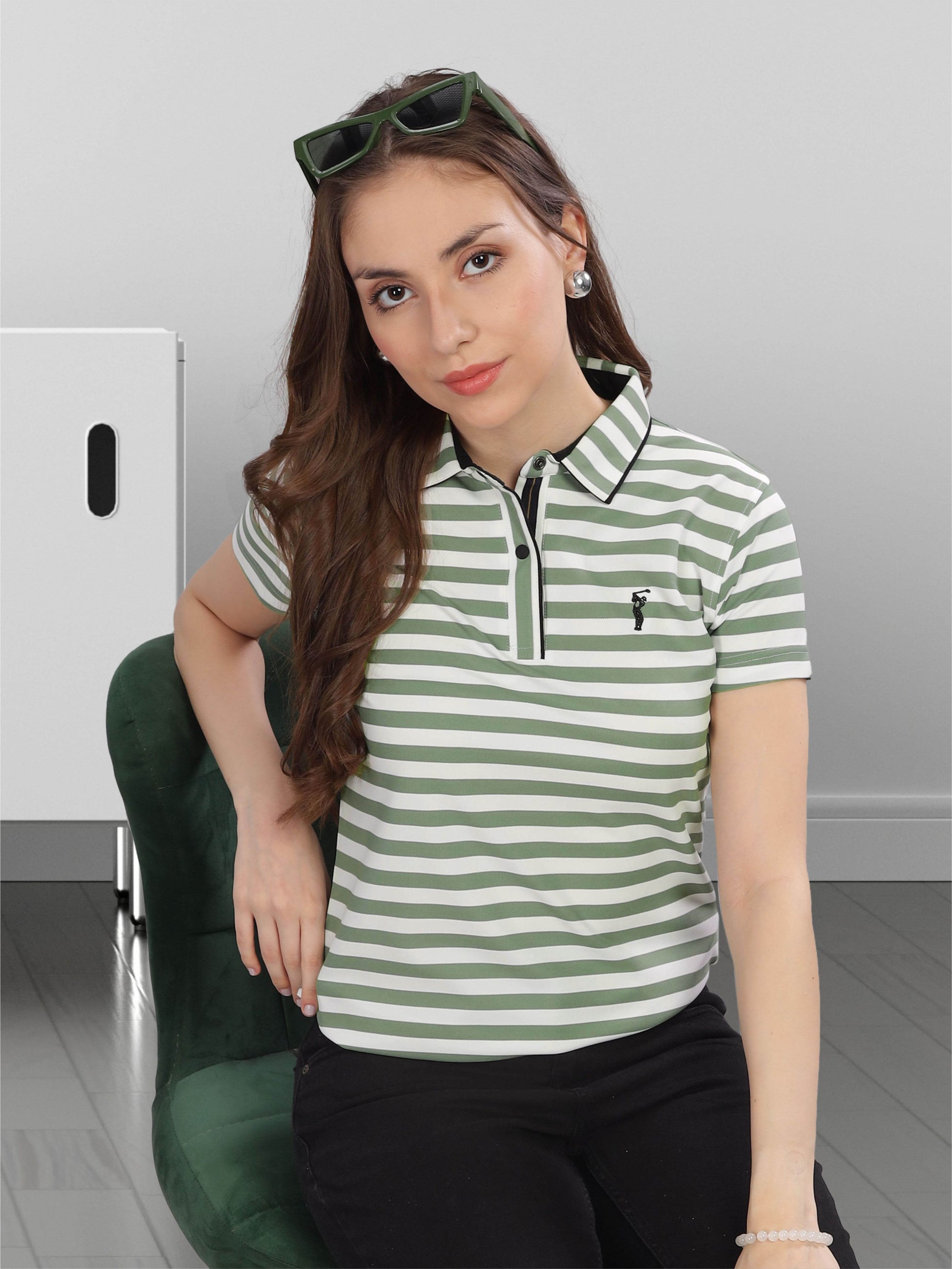 Green Women's Stripes Polo T Shirt