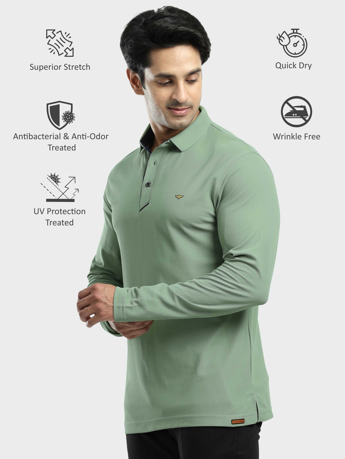 Men's Full Sleeve Polo T-Shirt - Misty Green | Feather Touch Feel | Odour Resistant | Wrinkle Free | Quick Dry | Stretchable | Anti-Static | UV Resistance |