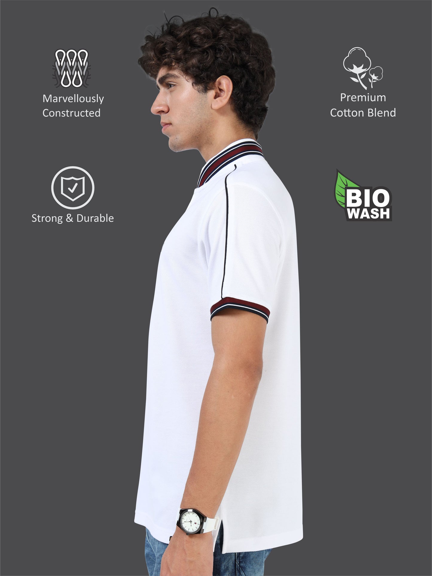 STELLERS Men's Zipper Chinese Collar Polo T-Shirt - White | Premium Cotton | Stretchable | Feather Touch Feel | Breathable | Light Weight