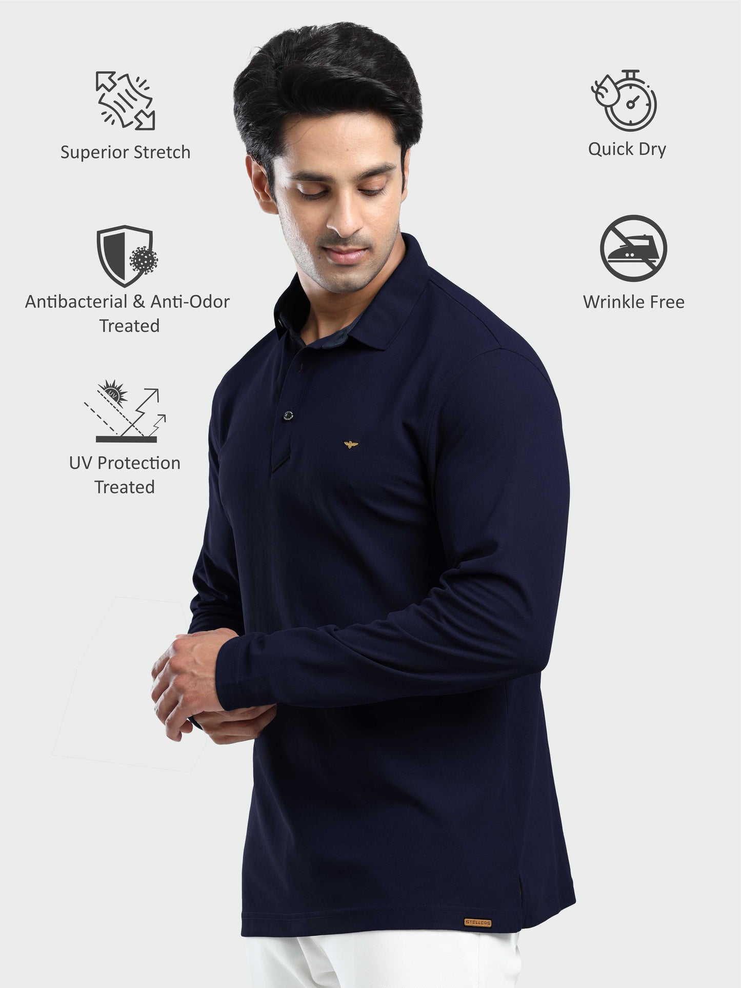 Men's Full Sleeve Polo T-Shirt-Navy Blue| Feather Touch Feel | Odour Resistant | Wrinkle Free | Quick Dry | Stretchable | Anti-Static | UV Resistance |